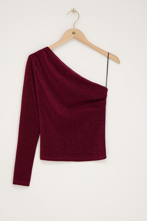 Dark red lurex one-shoulder top 