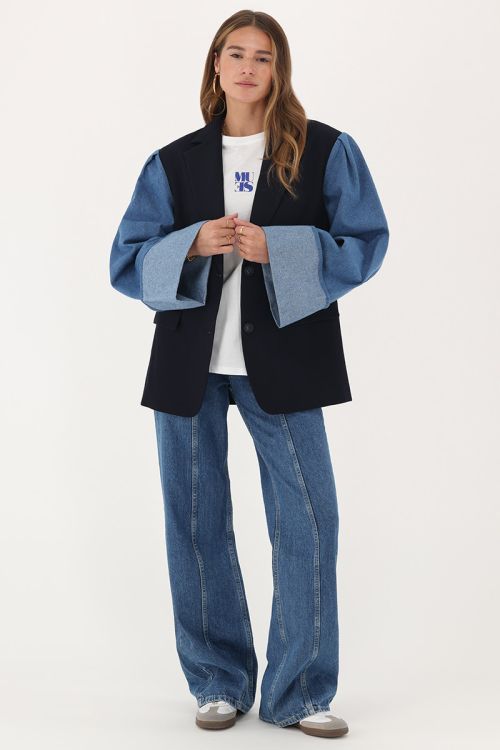 Dark blue blazer with denim sleeves | My Jewellery