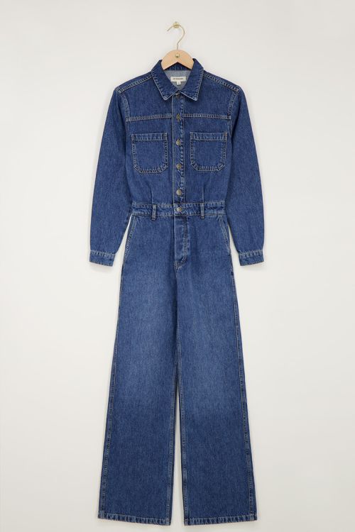 Dunkelblauer langärmeliger Denim-Jumpsuit