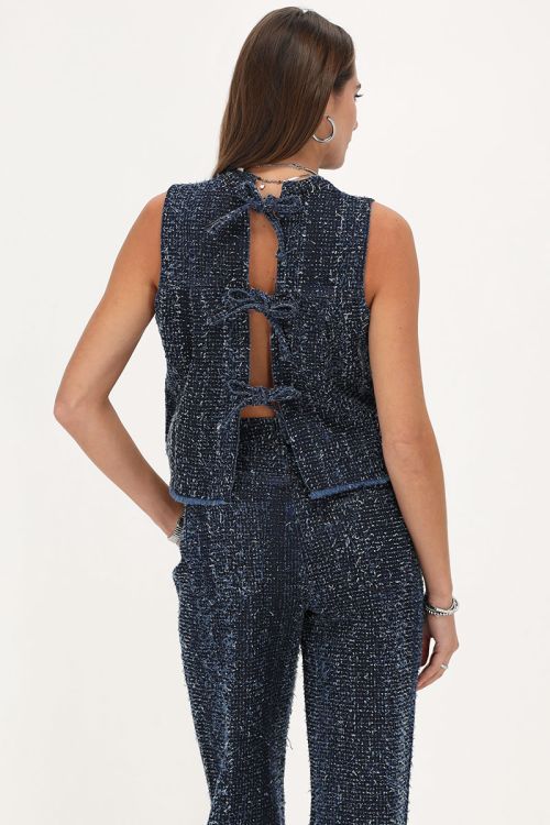 Dark blue denim top with jacquard & bows | My Jewellery