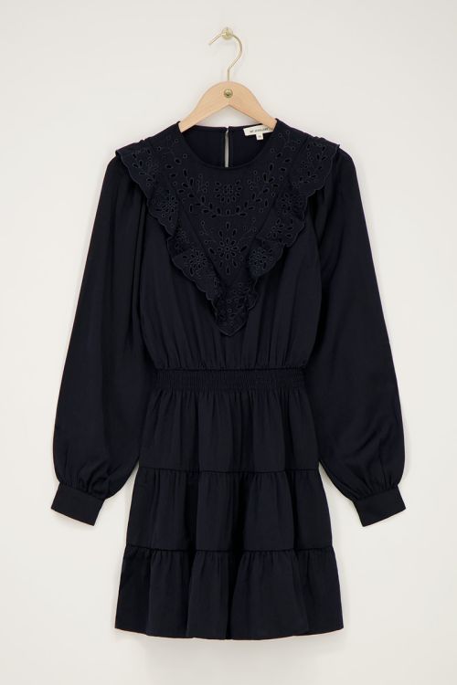 Dark blue dress with embroidery and ruffles