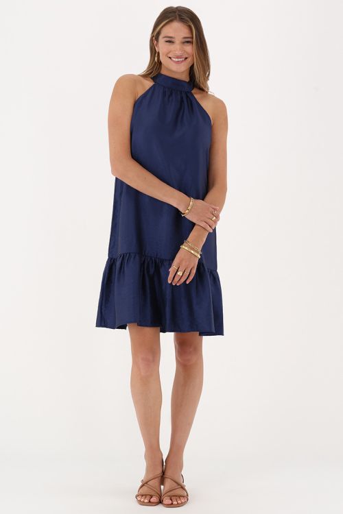 Dark blue halter dress in satin look | My Jewellery