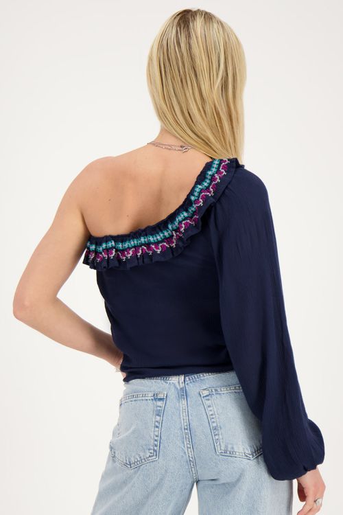 Dark blue one-shoulder top with multicoloured embroidery | My Jewellery