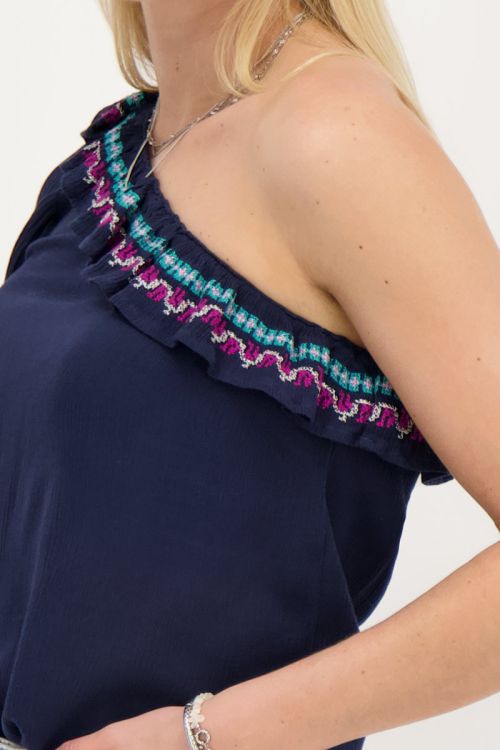 Dark blue one-shoulder top with multicoloured embroidery | My Jewellery