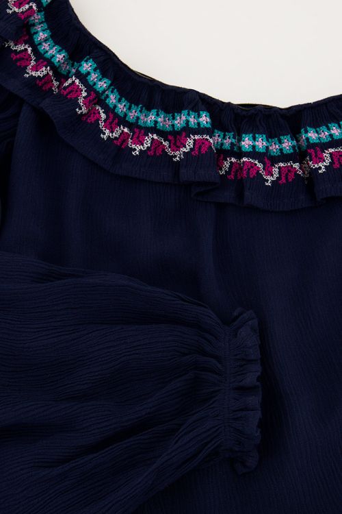 Dark blue one-shoulder top with multicoloured embroidery | My Jewellery