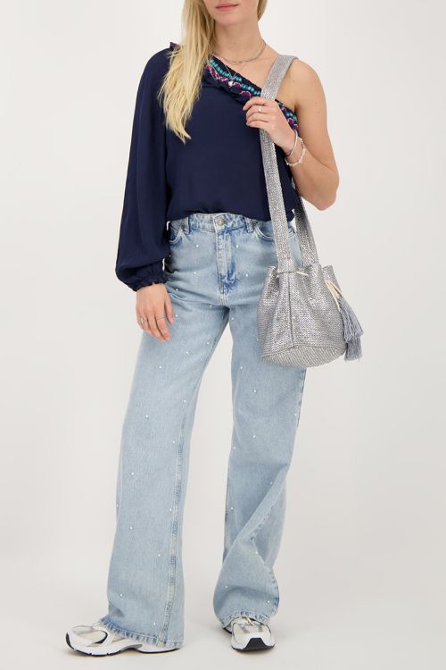 Dark blue one-shoulder top with multicoloured embroidery | My Jewellery