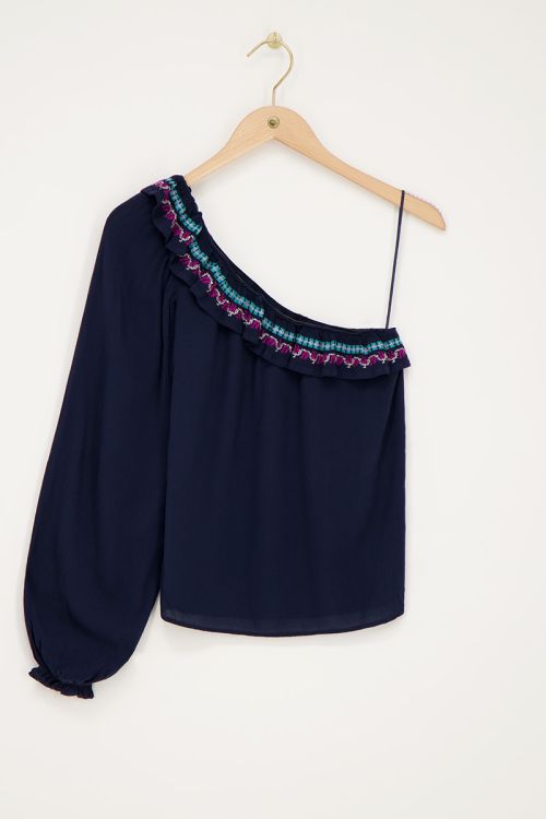 Dark blue one-shoulder top with multicoloured embroidery | My Jewellery