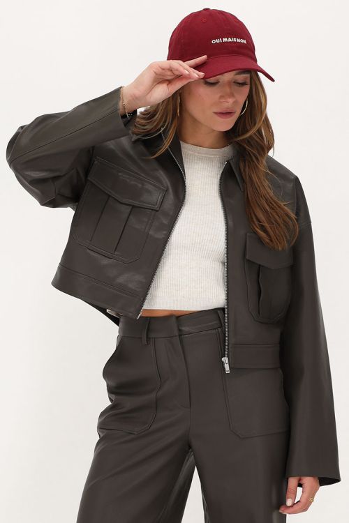 Dark green leather jacket with pockets | My Jewellery