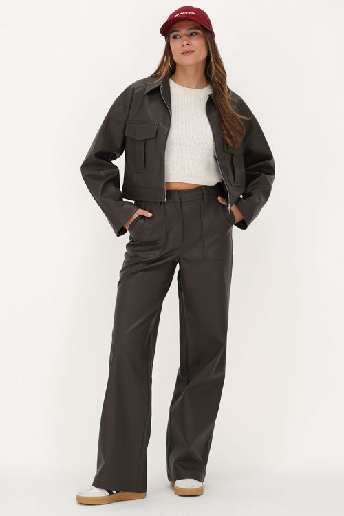 Dark green leather look trousers with pockets | My Jewellery
