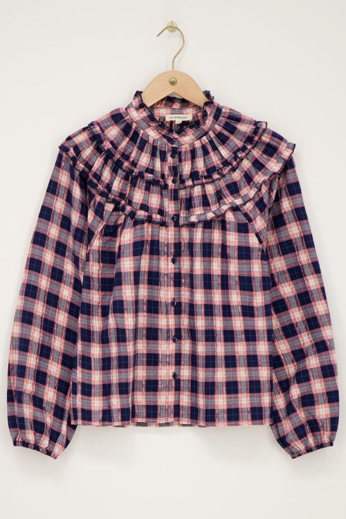 Dark blue blouse with pink plaid and lurex | My Jewellery