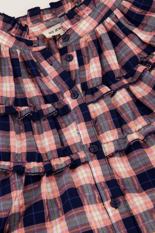 Dark blue blouse with pink plaid and lurex | My Jewellery