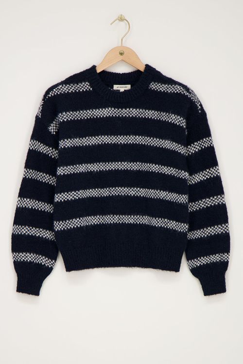 Dark blue oversized sweater with white stripes