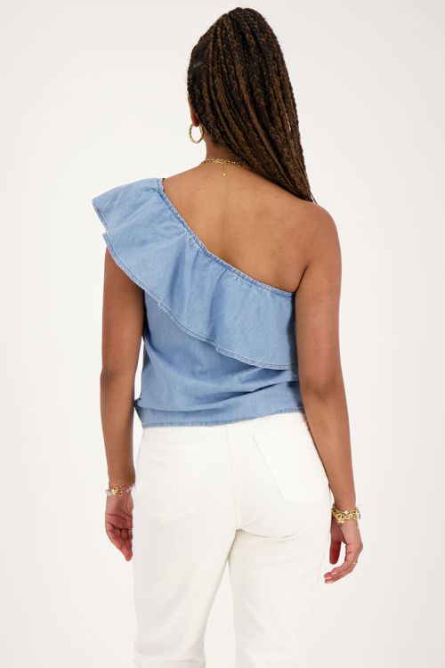 Denim one-shoulder top with ruffle | My Jewellery
