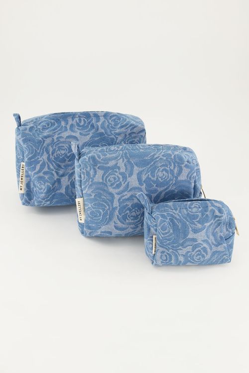 Denim toiletry bag set with rose print | My Jewellery