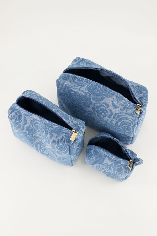 Denim toiletry bag set with rose print | My Jewellery