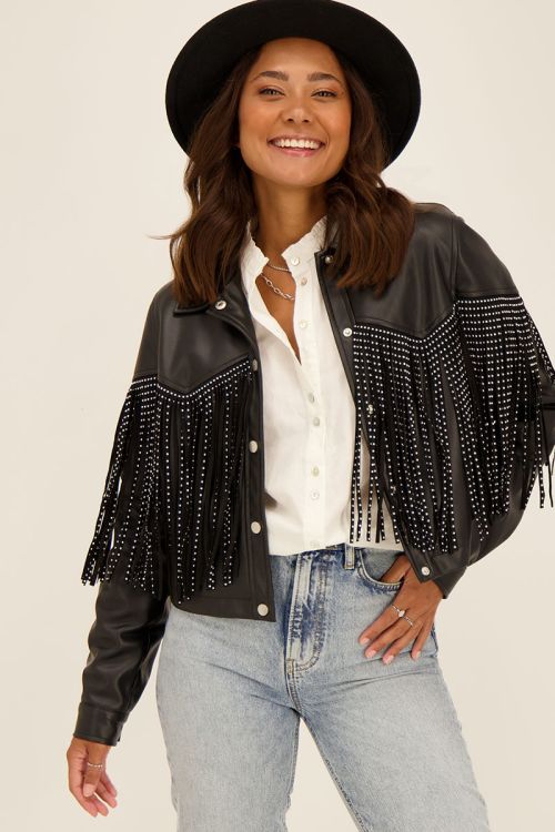 Leatherlook jas met franjes & studs | My Jewellery