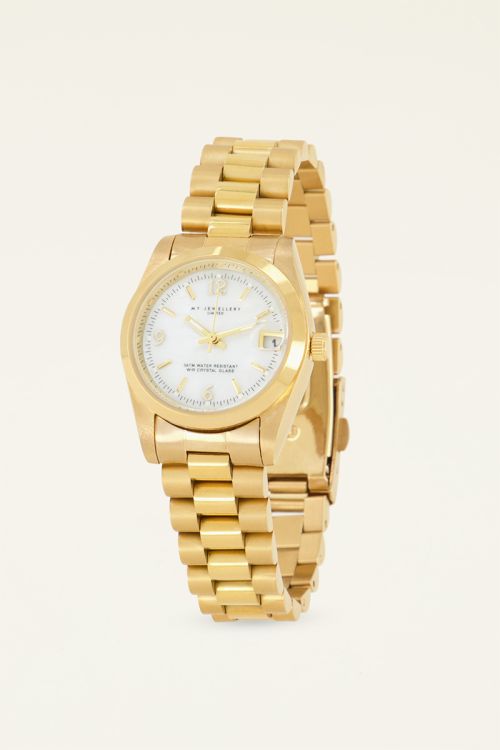Goud horloge met schakelband & witte wijzerplaat | My Jewellery