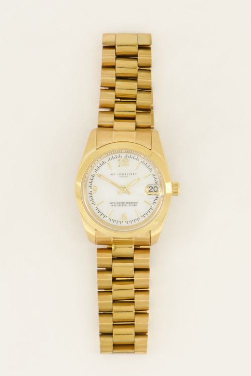 Goud horloge met schakelband & witte wijzerplaat | My Jewellery
