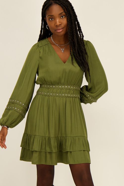 Green dress with ruffles and studs | My Jewellery