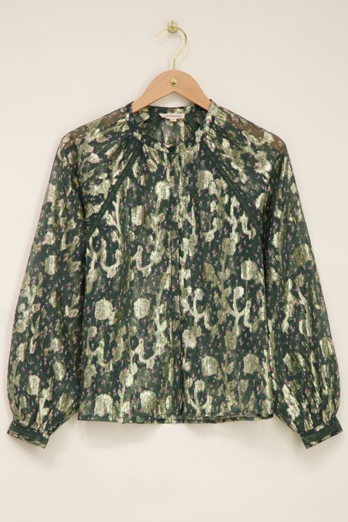 Grüne Jacquard-Bluse mit Golddruck