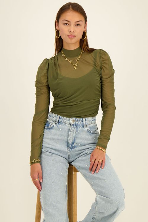 Sage Green Crop Top - Long Sleeve Crop - Mesh Top