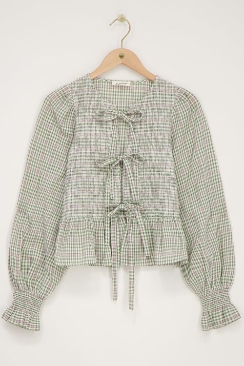 Green smocked blouse with checks & bows | My Jewellery