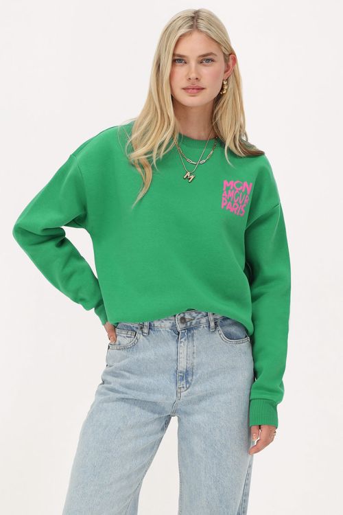 Green sweater with pink "Mon amour Paris" | My Jewellery