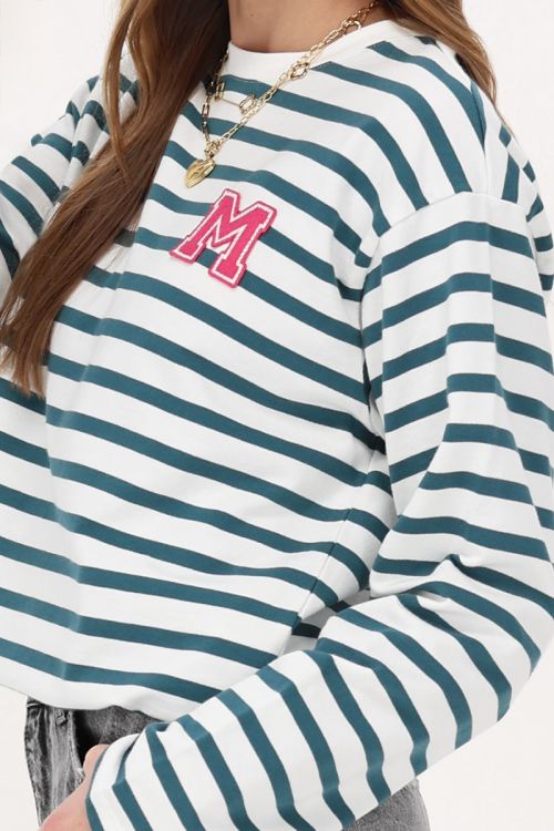 Green and white striped T-shirt with long sleeves and M patch | My Jewellery