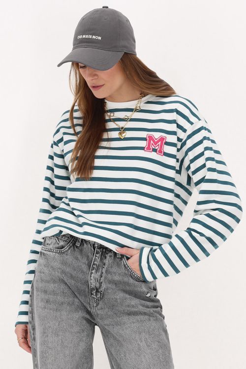 Green and white striped T-shirt with long sleeves and M patch | My Jewellery