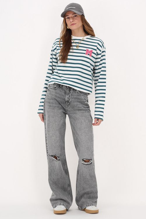 Green and white striped T-shirt with long sleeves and M patch | My Jewellery
