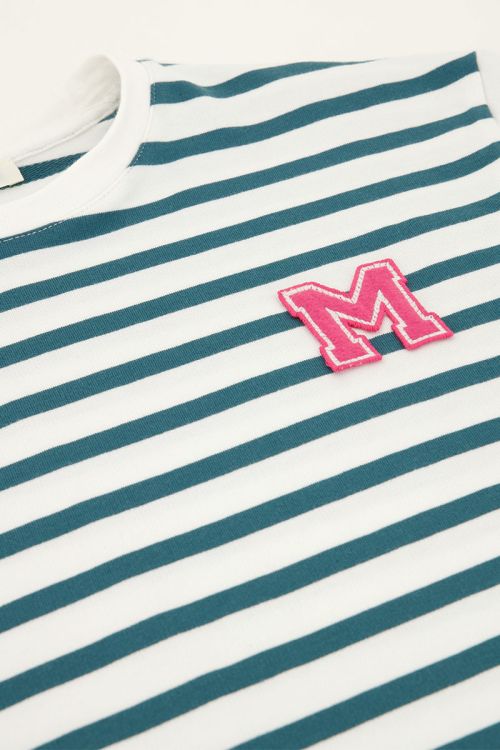 Green and white striped T-shirt with long sleeves and M patch | My Jewellery