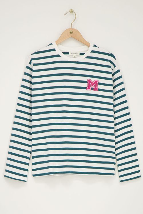 Green and white striped T-shirt with long sleeves and M patch | My Jewellery