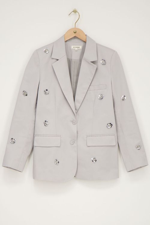 Gray blazer with silver coloured 3D flowers