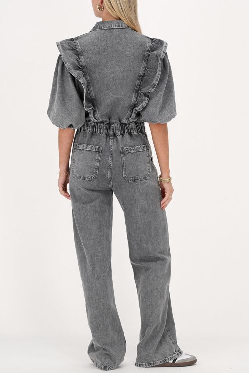 Grey denim jumpsuit with ruffles & puff sleeves | My Jewellery