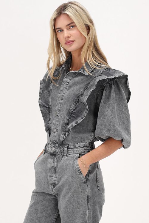 Grey denim jumpsuit with ruffles & puff sleeves | My Jewellery