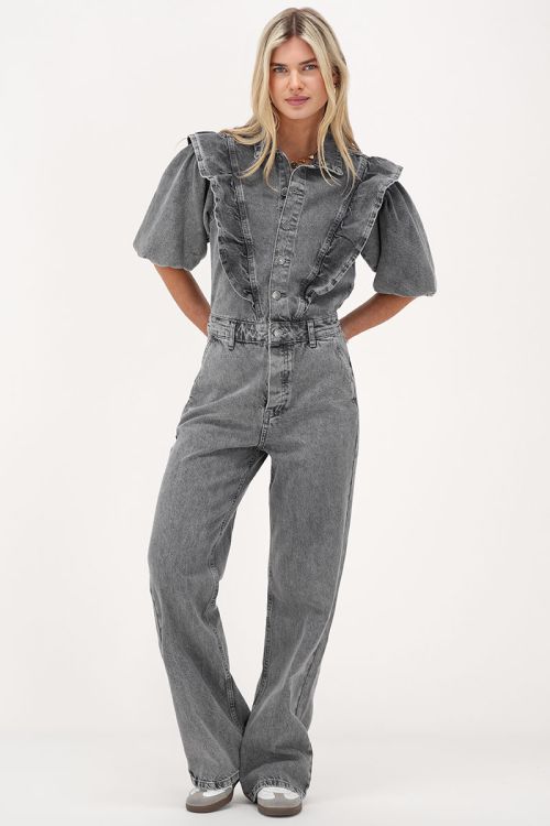 Grey denim jumpsuit with ruffles & puff sleeves | My Jewellery