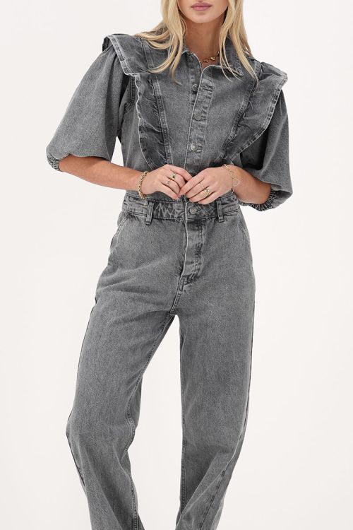 Grey denim jumpsuit with ruffles & puff sleeves | My Jewellery