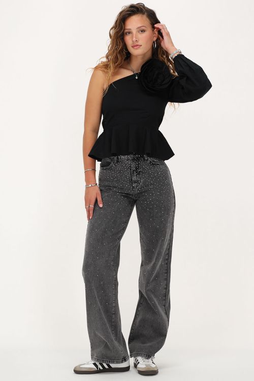Grey wide leg jeans with rhinestones | My Jewellery