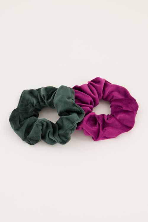 Groen & roze velvet scrunchie set