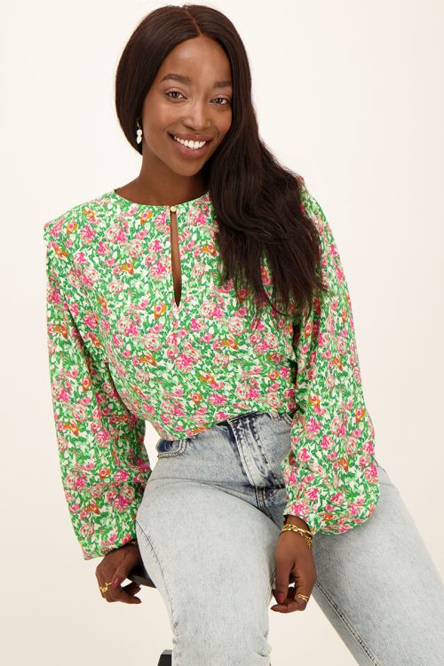 Groene blouse met gekleurde bloemenprint| My Jewellery