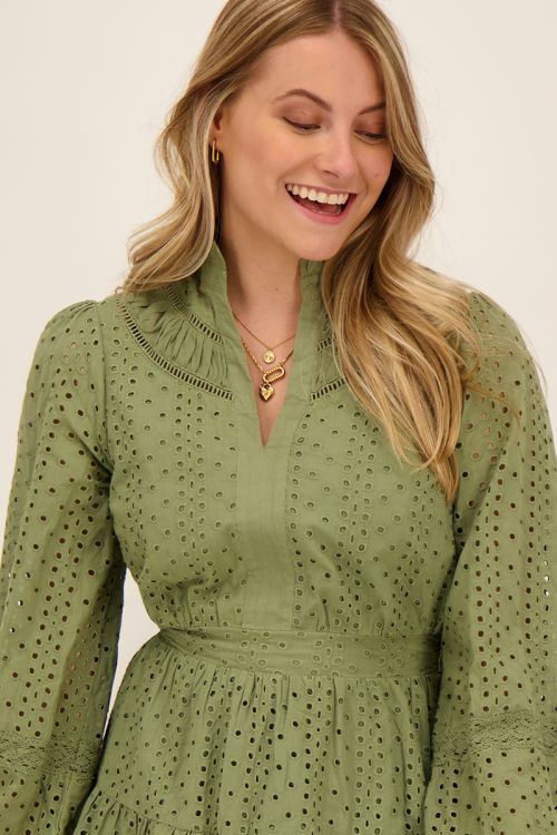 Groene jurk met crochet & ruffle kraag | My Jewellery