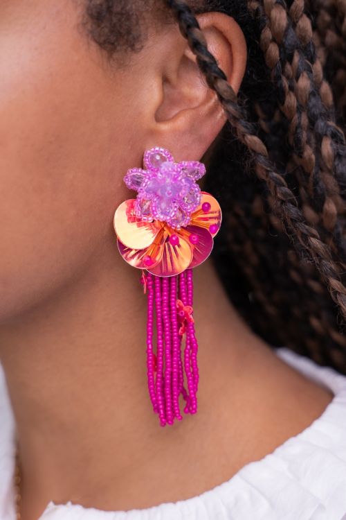 Island earrings with flowers and pink fringe | My Jewellery