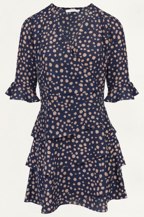 Donkerblauwe overslagjurk cheetah, dalmatier print