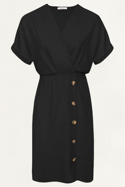 Zwarte midi jurk met knopen, middellange jurk My Jewellery
