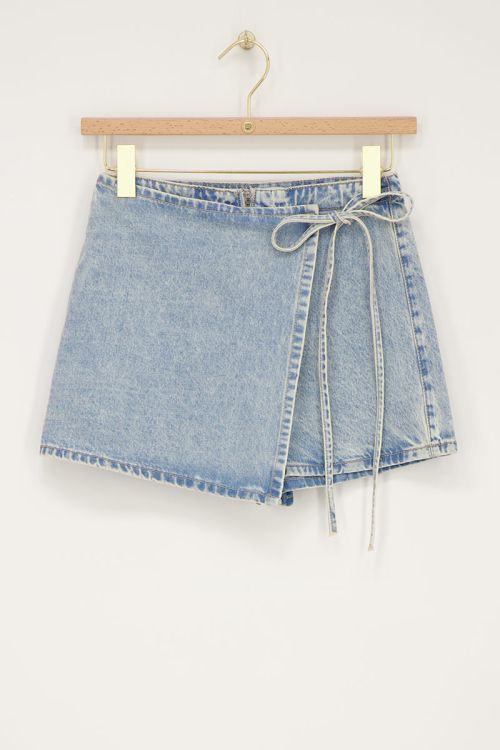 Light blue denim skort with overlap & bow detail | My Jewellery