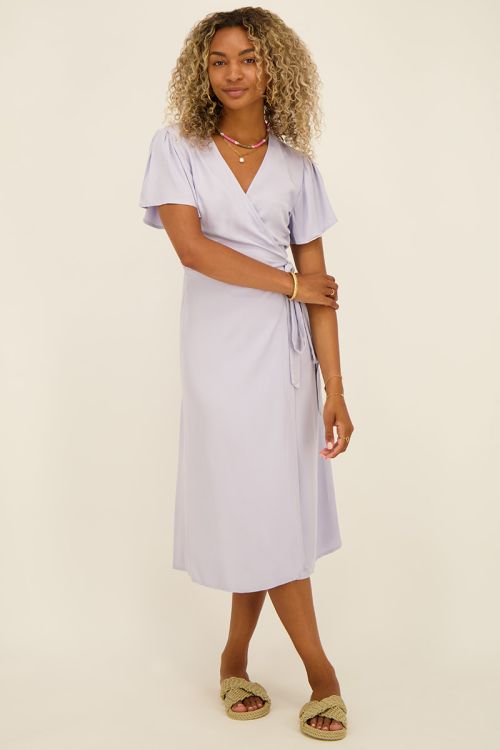 Lilac midi wrap dress with flutter sleeves | My Jewellery