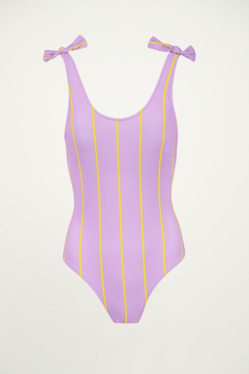 Paars met geel gestreept badpak, swimsuit
