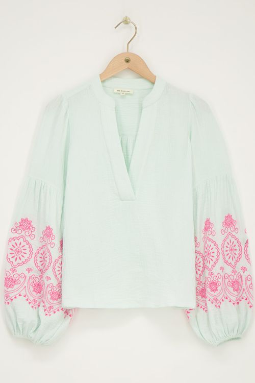 Mint green embroidery blouse with V-neck & puff sleeves | My Jewellery