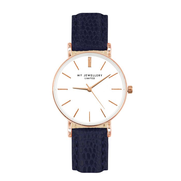 Klein horloge in donkerblauw met slangenprint, smal horloge