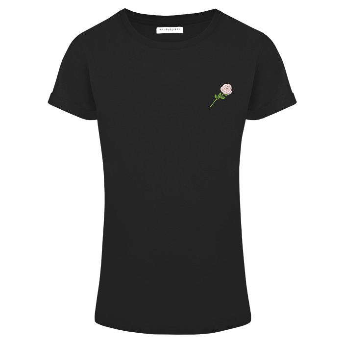 Zwart t-shirt met geborduurde tekst Rose, shirtjes